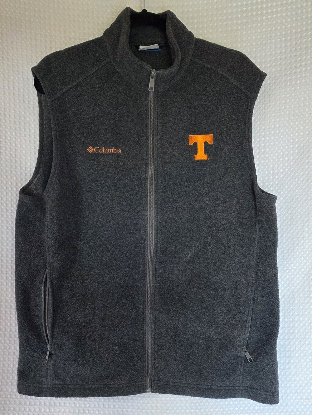 Columbia Men’s Gray Fleece Zip-Up Vest with Orange 'T' Patch